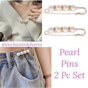 Pearl Pins Linear Brooch Waist Cincher Lux Safety Pin Gold Tone Crystals Pearls